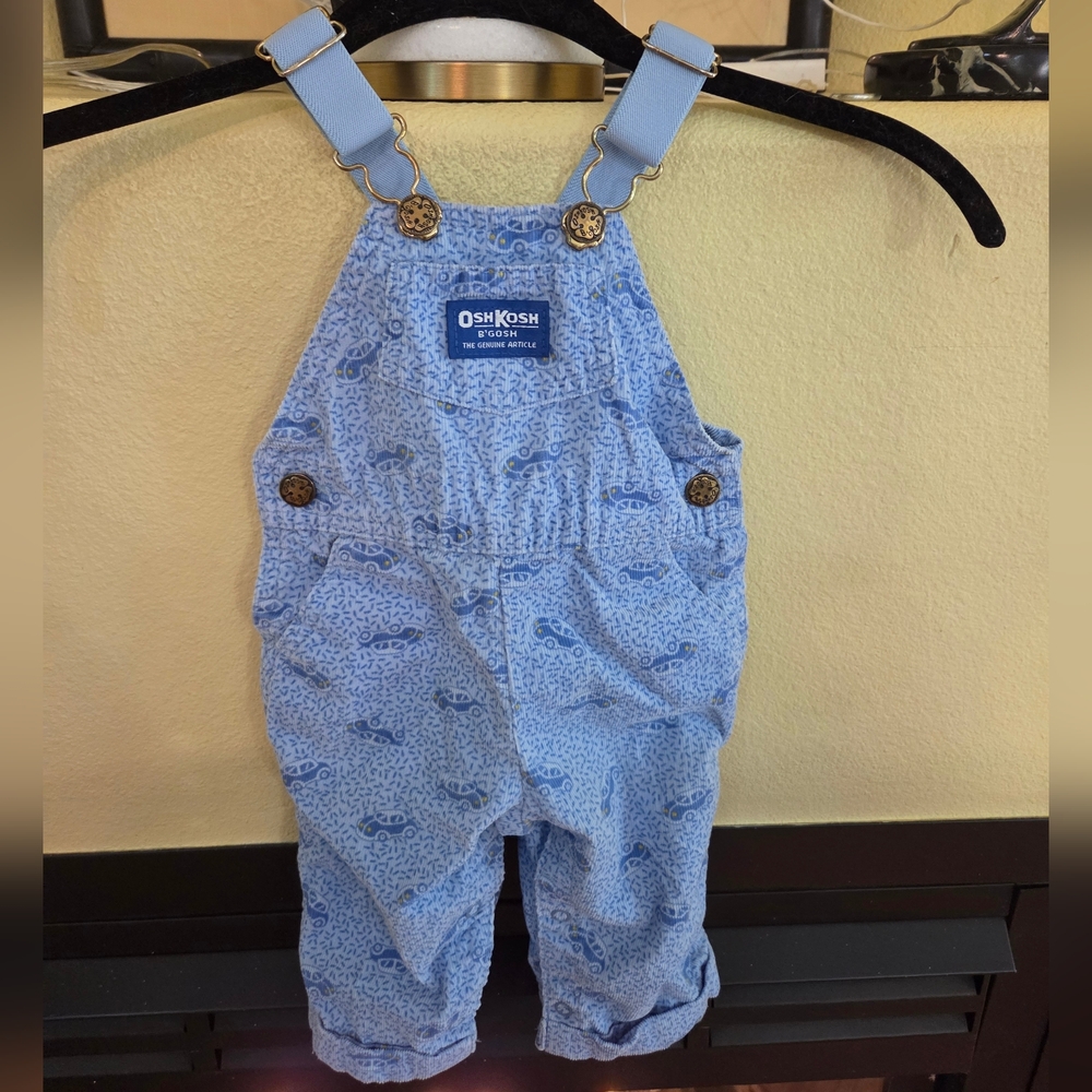 Vintage OshKish B'Gosh Blue Corduroy Overalls Transportation Car Size 6/9 Mths